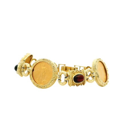 14k Yellow Gold American Eagle Coin Bracelet with Cabochon Gemstones — right three-quarter angle