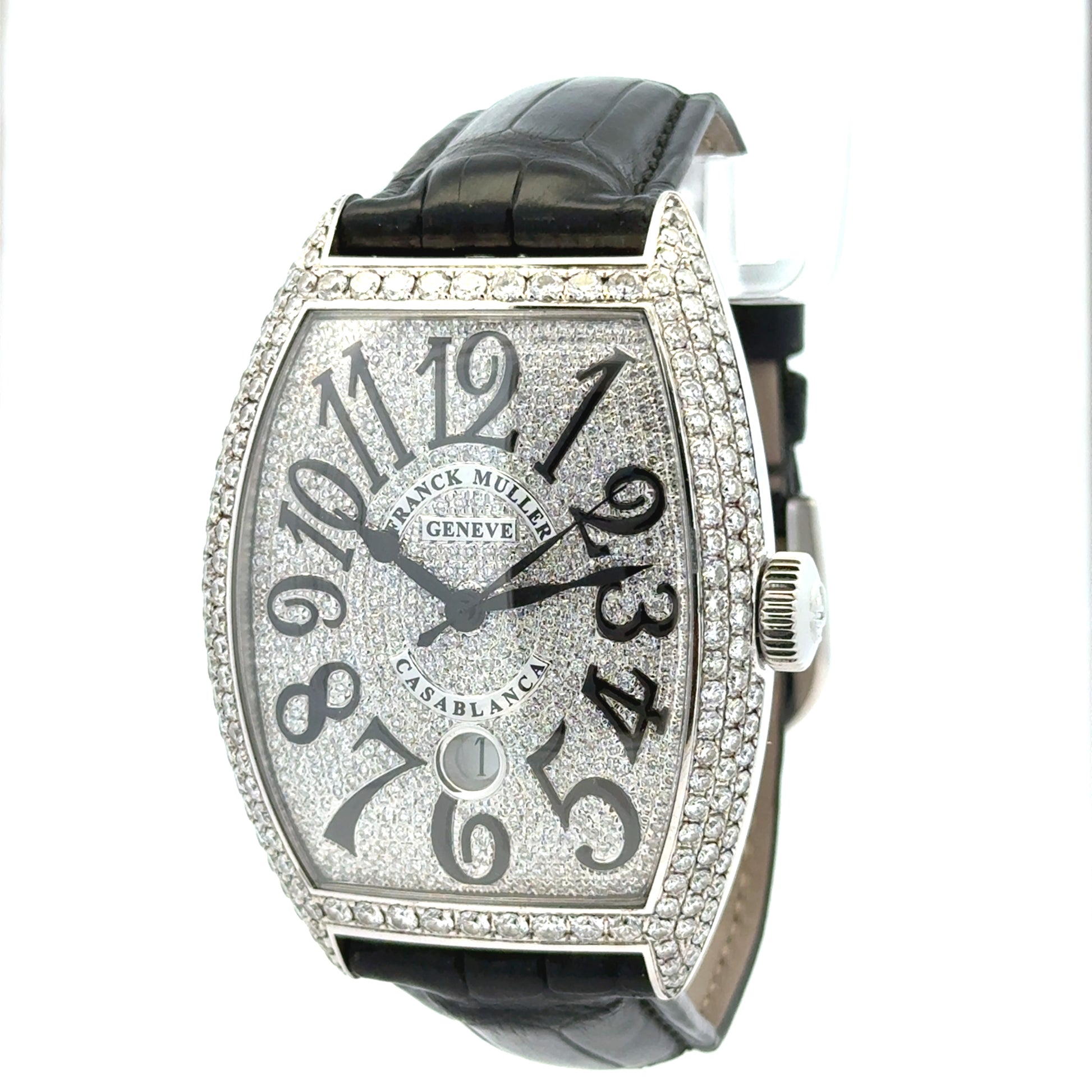 Franck Muller Casablanca 8880 Stainless Steel Diamond Dial & Bezel Black Leather Strap Watch — right side three-quarter view