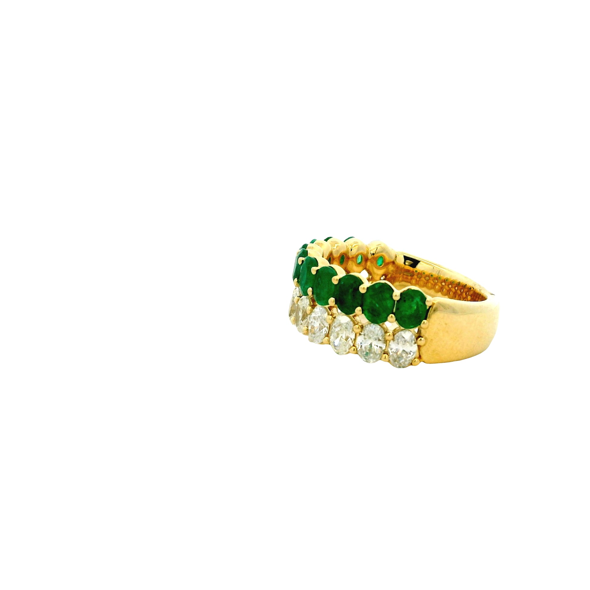 14k Yellow Gold 1.52ct Oval Diamond and 1.85ctw Emerald Two-Row Cocktail Ring — right three-quarter angle