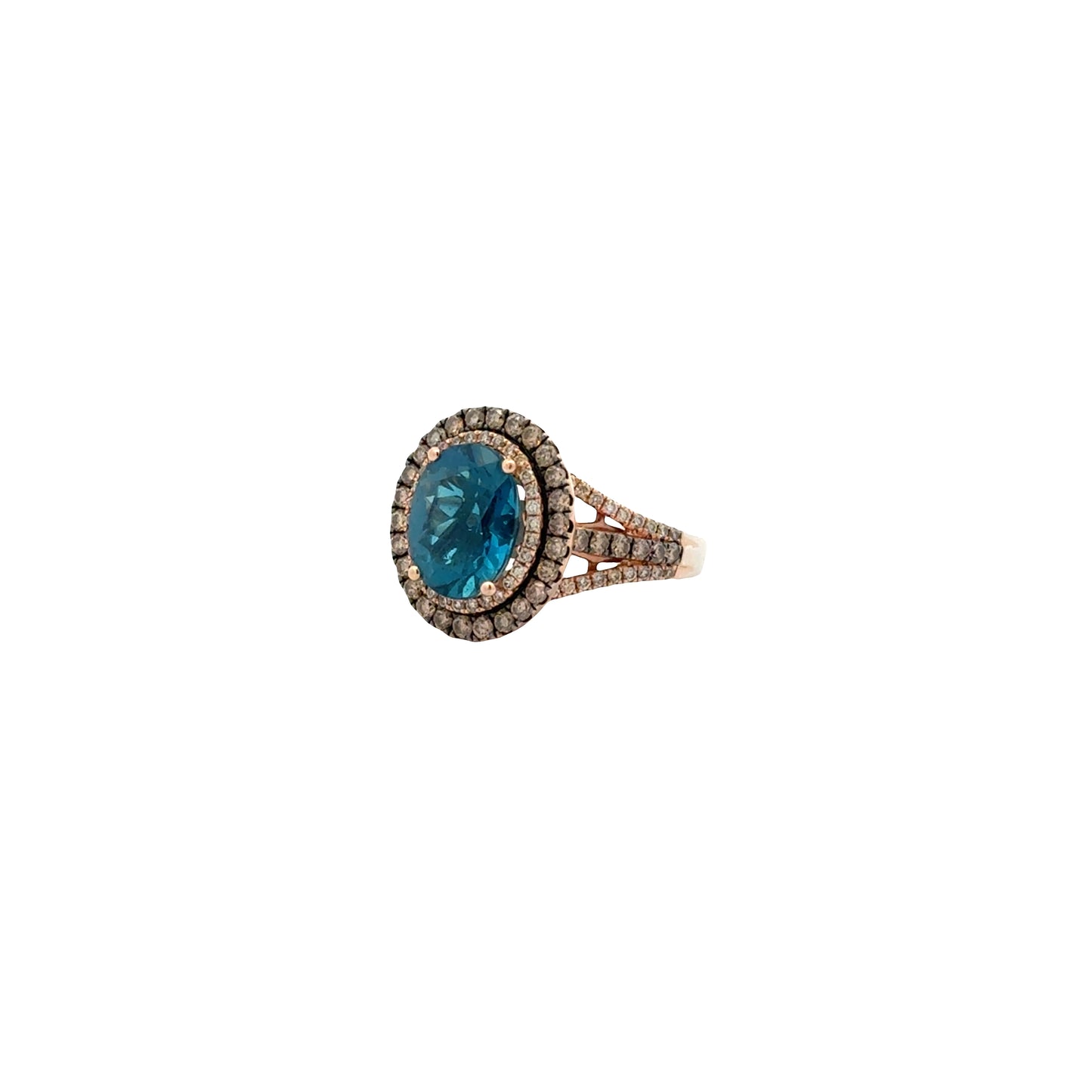 14k White and Rose Gold Le Vian Deep Sea Blue Topaz Oval Halo Ring — right three-quarter angle