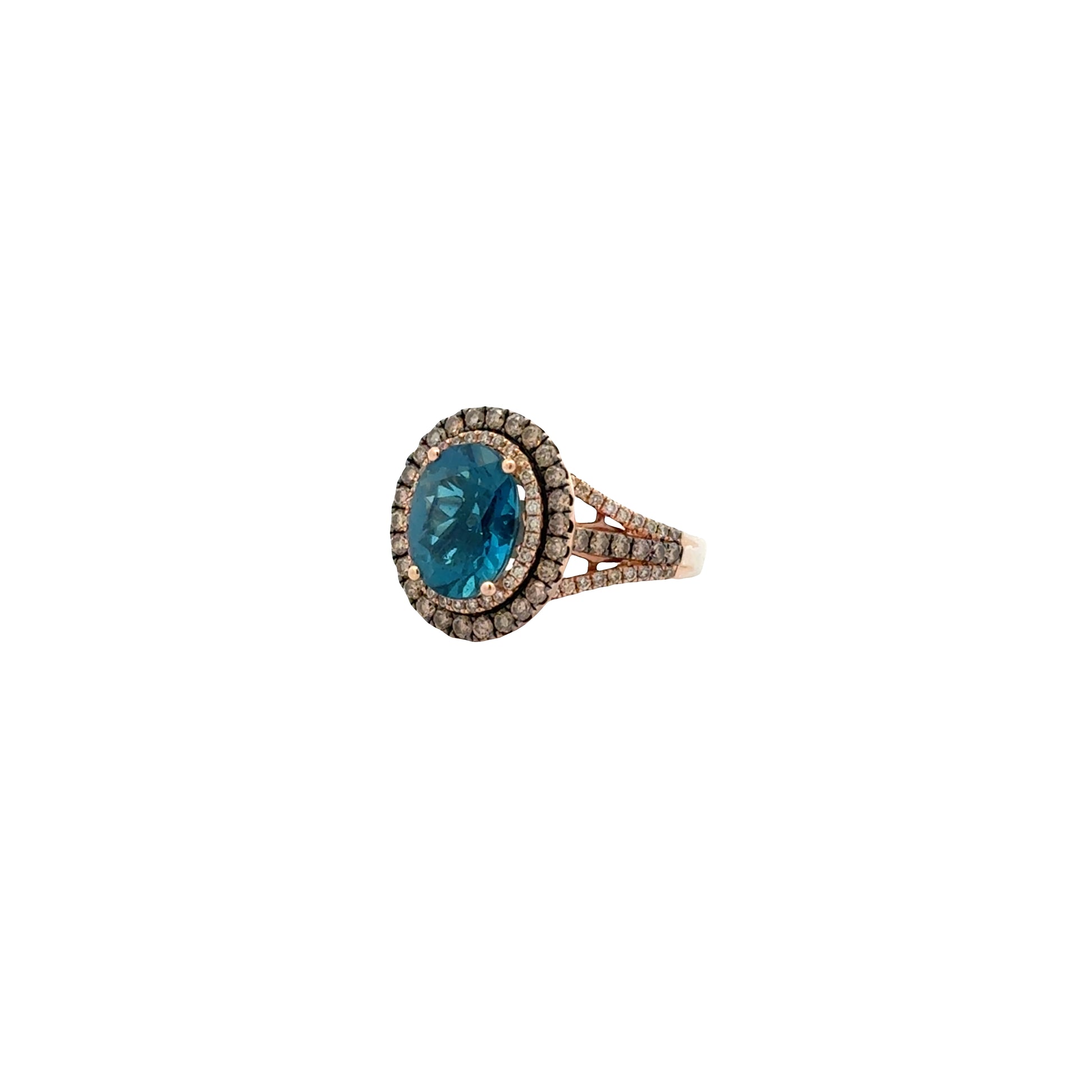 14k White and Rose Gold Le Vian Deep Sea Blue Topaz Oval Halo Ring — right three-quarter angle