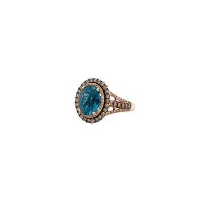 14k White and Rose Gold Le Vian Deep Sea Blue Topaz Oval Halo Ring — right three-quarter angle