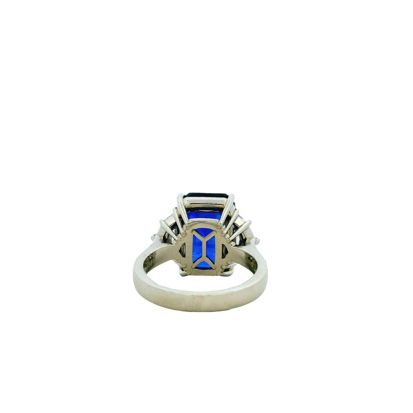 Platinum 10.15ct Emerald Cut Ceylon Royal Blue Sapphire and 0.82ctw Diamond Ring — right three-quarter angle