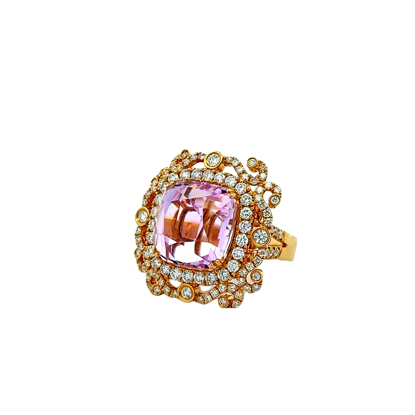 18k Yellow Gold GIA Certified 17.51ct Kunzite and 1.97ctw Diamond Halo Ring — right three-quarter angle