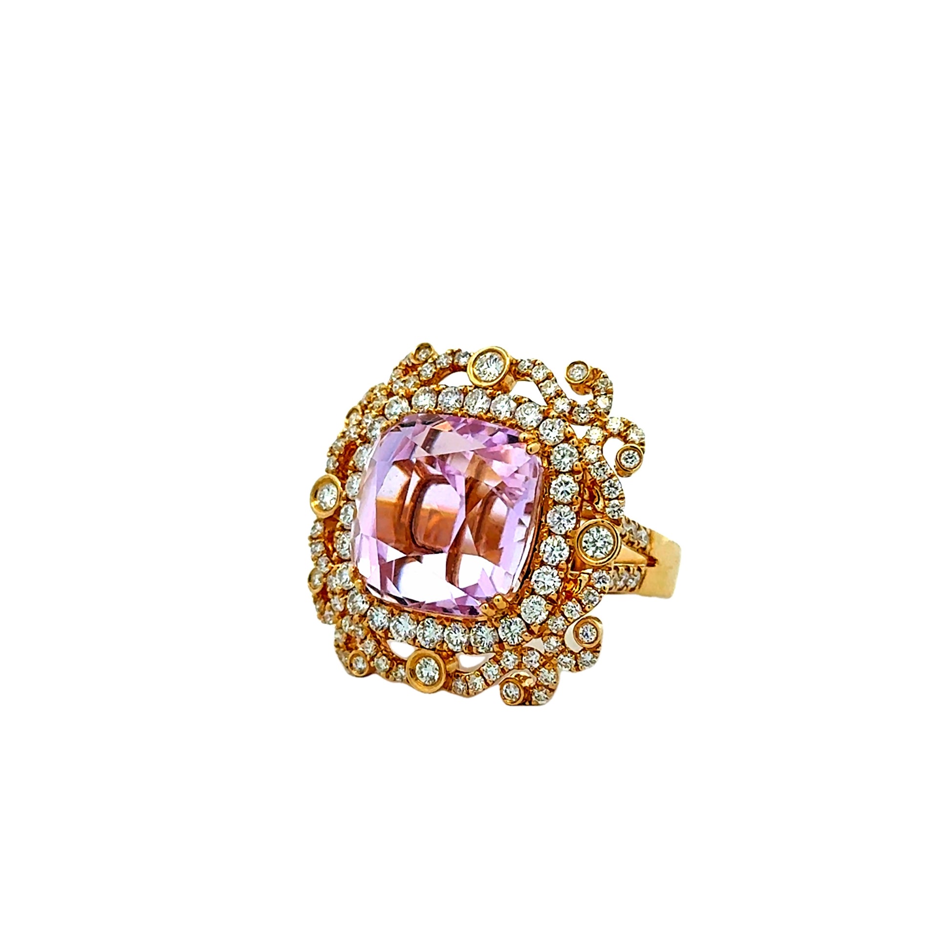 18k Yellow Gold GIA Certified 17.51ct Kunzite and 1.97ctw Diamond Halo Ring — right three-quarter angle