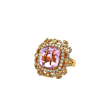 18k Yellow Gold GIA Certified 17.51ct Kunzite and 1.97ctw Diamond Halo Ring — right three-quarter angle