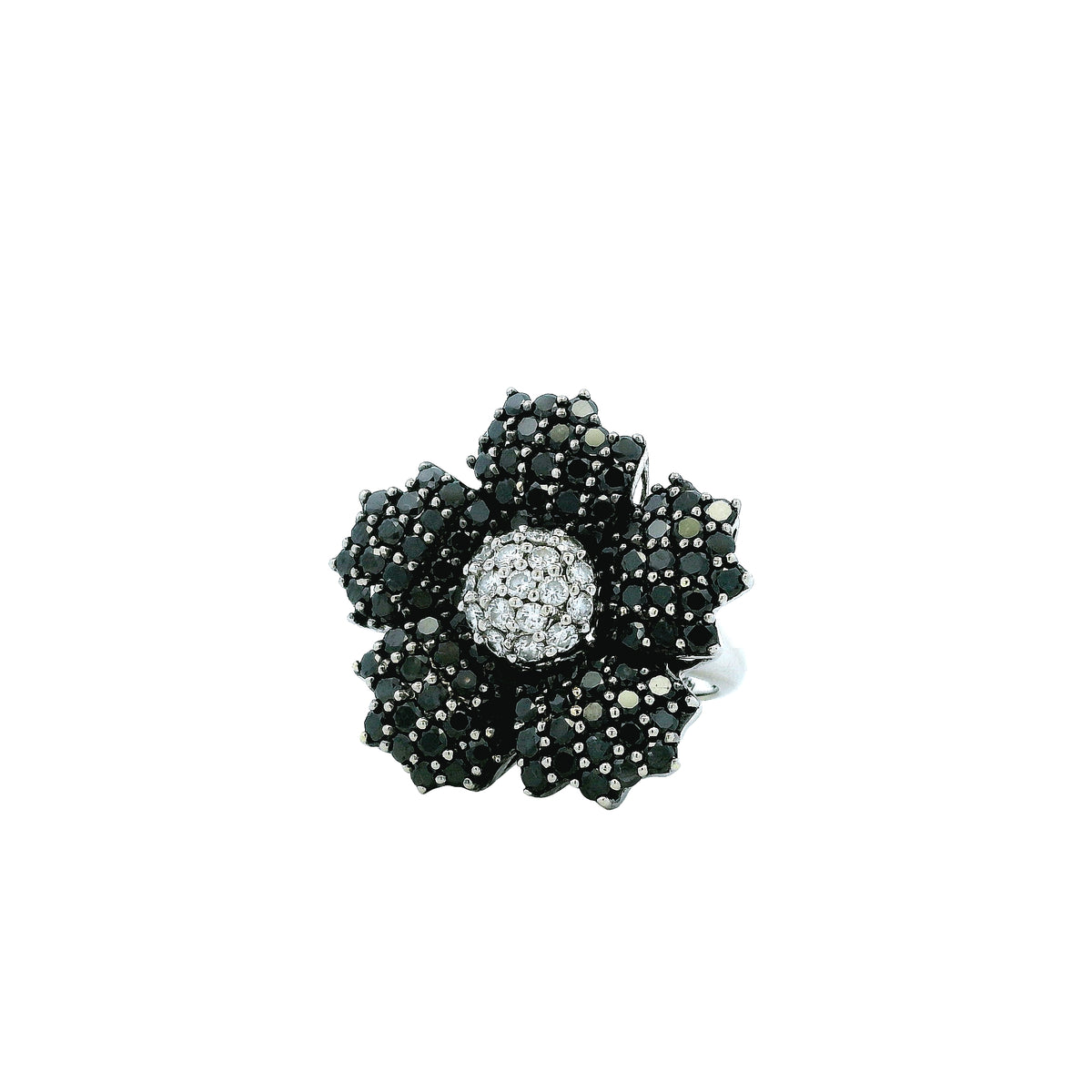 14k White Gold 1.75ctw Round Brilliant White and Black Diamond Floral Cluster Ring — right three-quarter angle