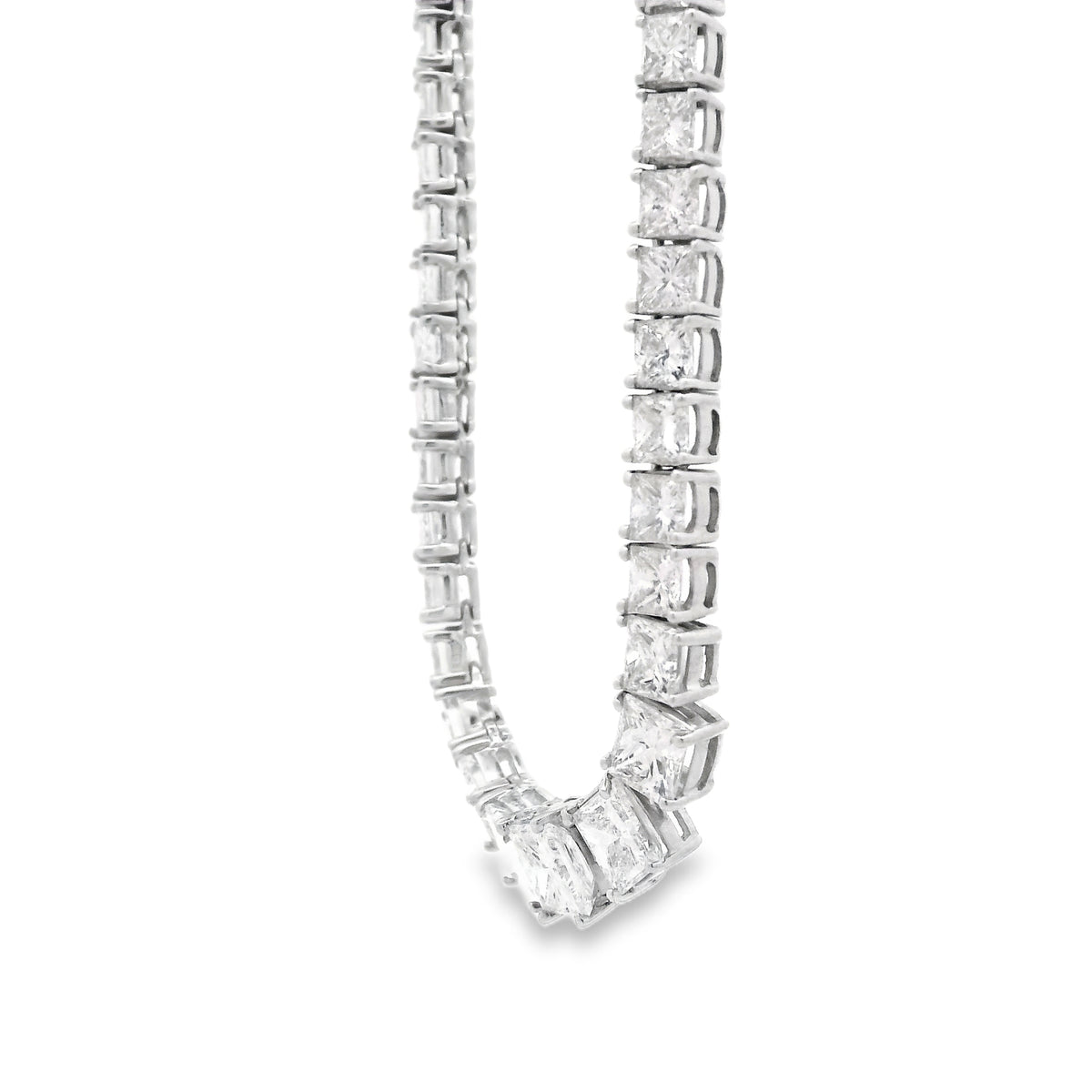 18k White Gold 19.06ctw Princess Cut Diamond Graduated Tennis Necklace 16" — right three-quarter angle