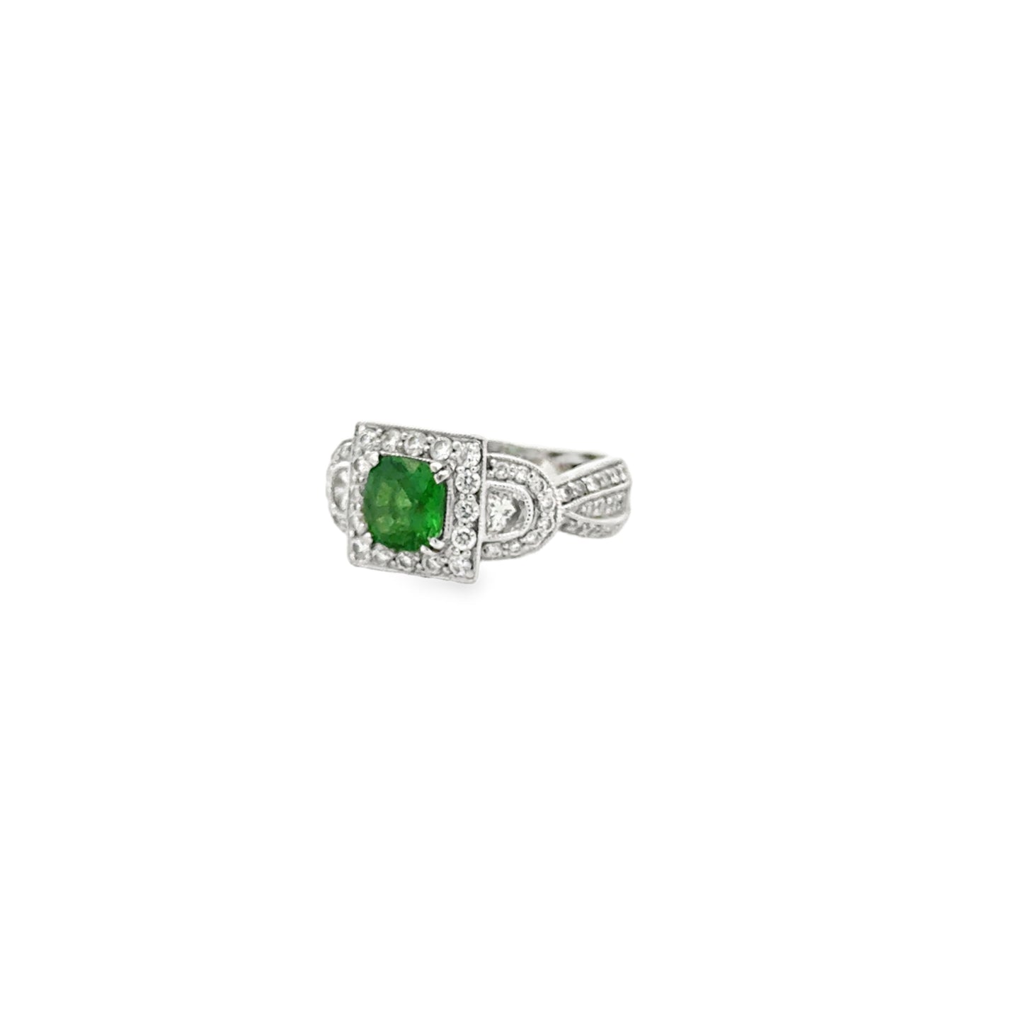 18k White Gold Green Gemstone Square Diamond Halo Cocktail Ring — right three-quarter angle