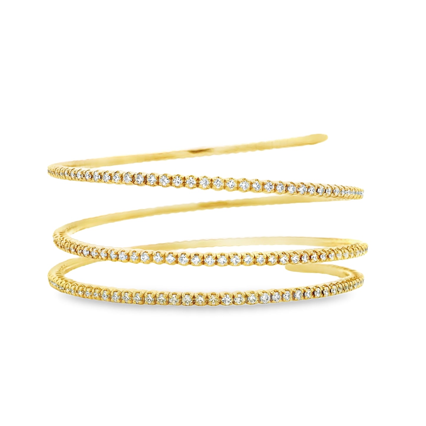 14k Yellow Gold 5.42ctw Natural Round Brilliant Diamond Triple Coil Bangle Bracelet — right three-quarter angle