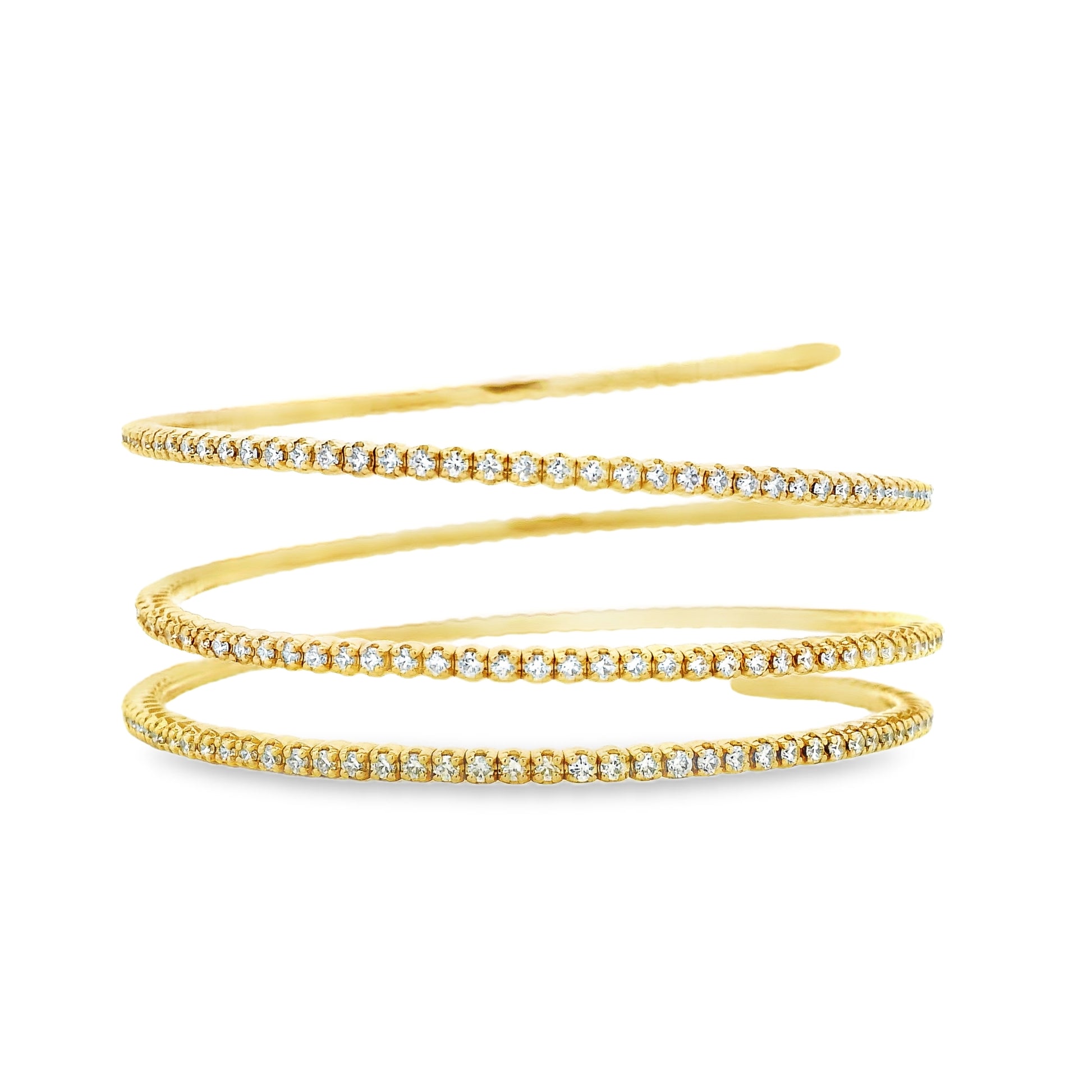 14k Yellow Gold 5.42ctw Natural Round Brilliant Diamond Triple Coil Bangle Bracelet — right three-quarter angle