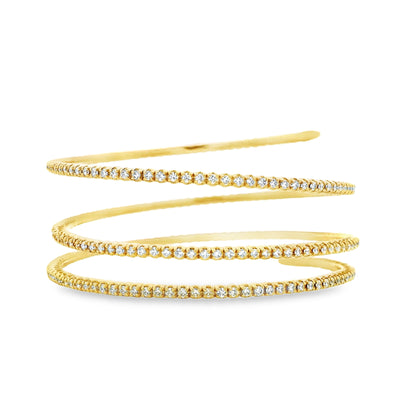 14k Yellow Gold 5.42ctw Natural Round Brilliant Diamond Triple Coil Bangle Bracelet — right three-quarter angle