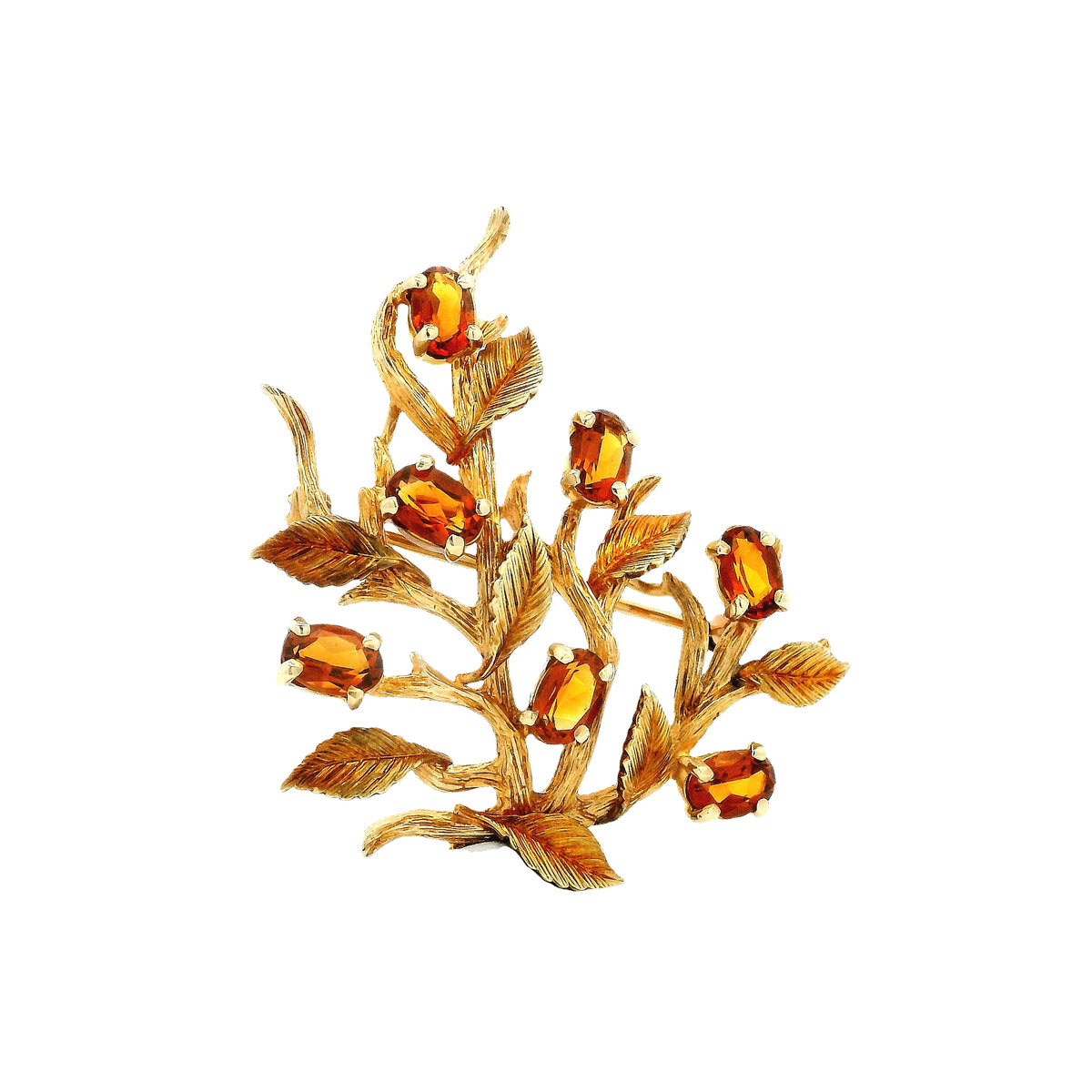 14k Yellow Gold Vintage Orange Gemstone Branch and Leaves Brooch Pin — right three-quarter angle