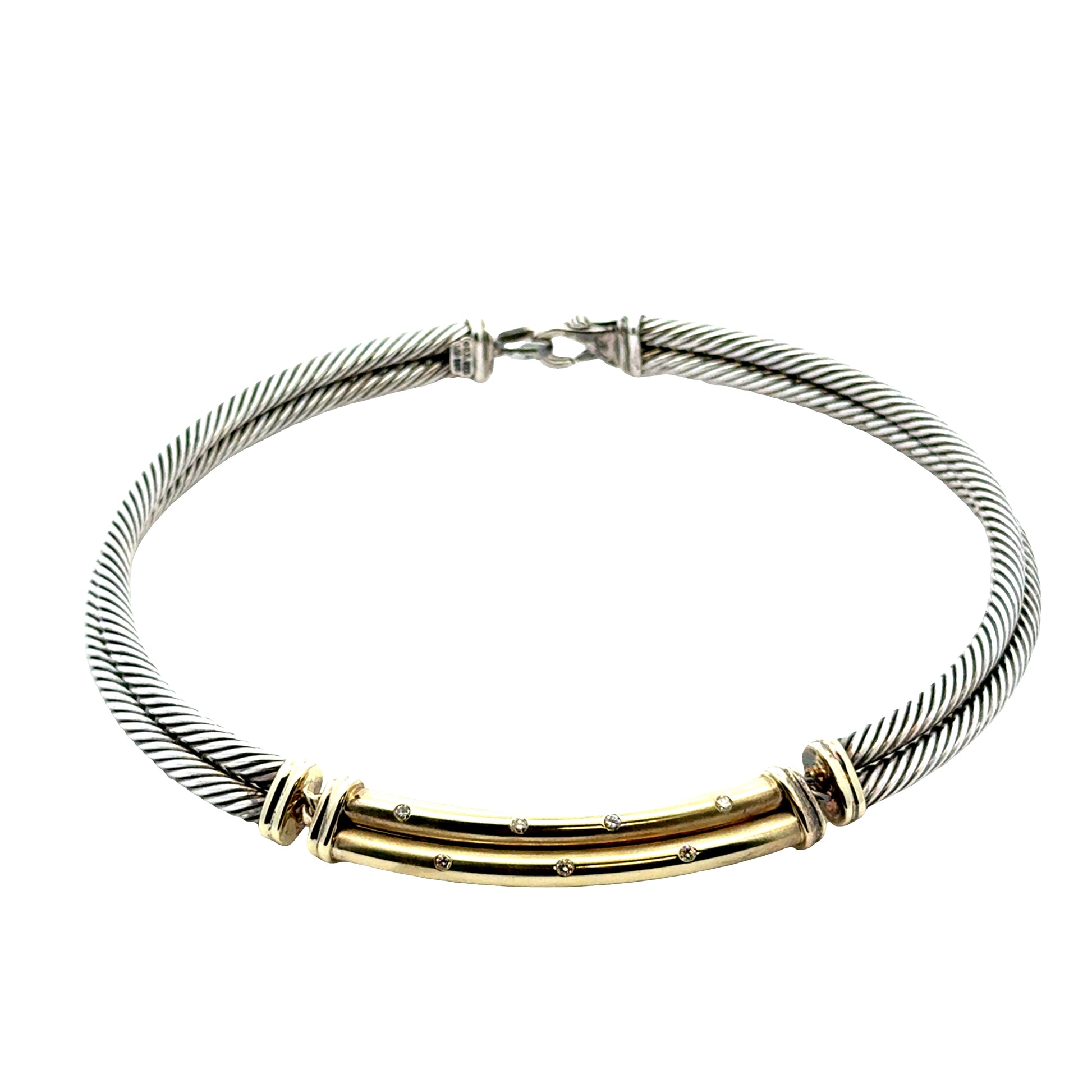 David Yurman Sterling Silver & 18k Gold Metro Diamond Choker Necklace 15" — right three-quarter angle
