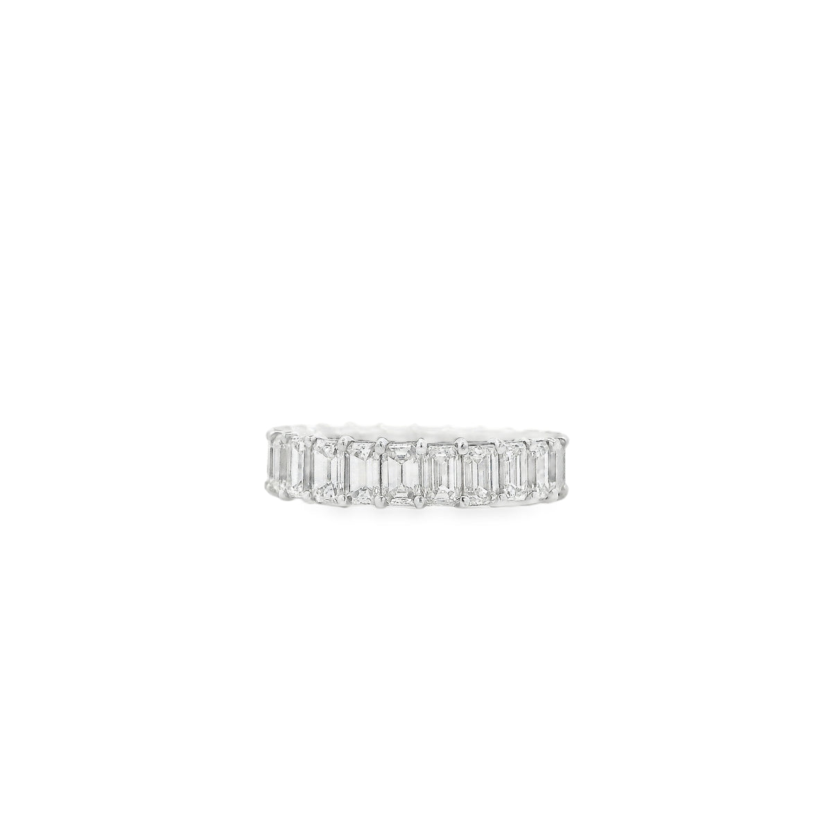 18k White Gold 4.76ctw Natural Emerald Cut Emerald Eternity Band Ring — right three-quarter angle