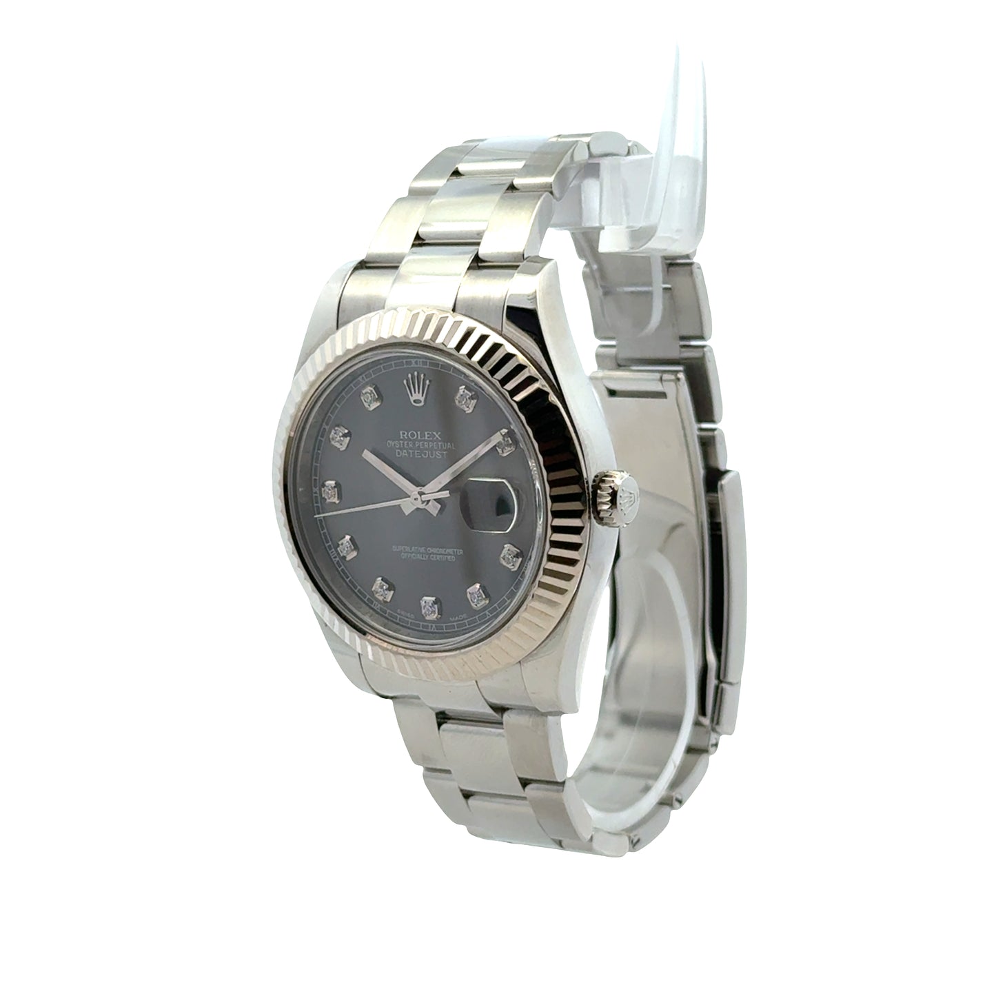Rolex 116334 Datejust II 41mm Rhodium Diamond Dial Stainless Steel Watch — right three-quarter angle