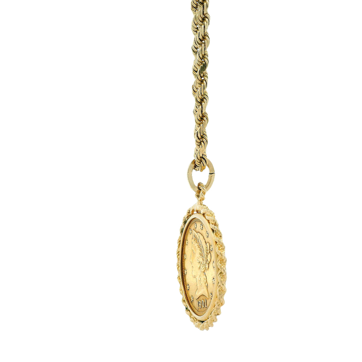 14k Yellow Gold Rope Chain Necklace with 1901 Liberty Head $5 Gold Coin Pendant 24" — right three-quarter angle