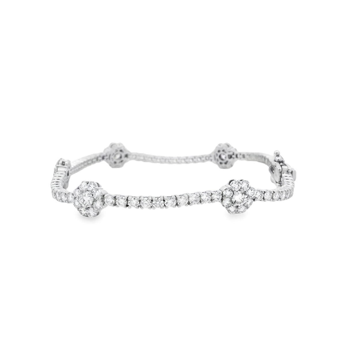 14k White Gold 4.85ctw Round Brilliant Diamond Flower Cluster Tennis Bracelet — right three-quarter angle