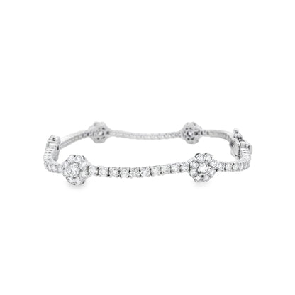 14k White Gold 4.85ctw Round Brilliant Diamond Flower Cluster Tennis Bracelet — right three-quarter angle