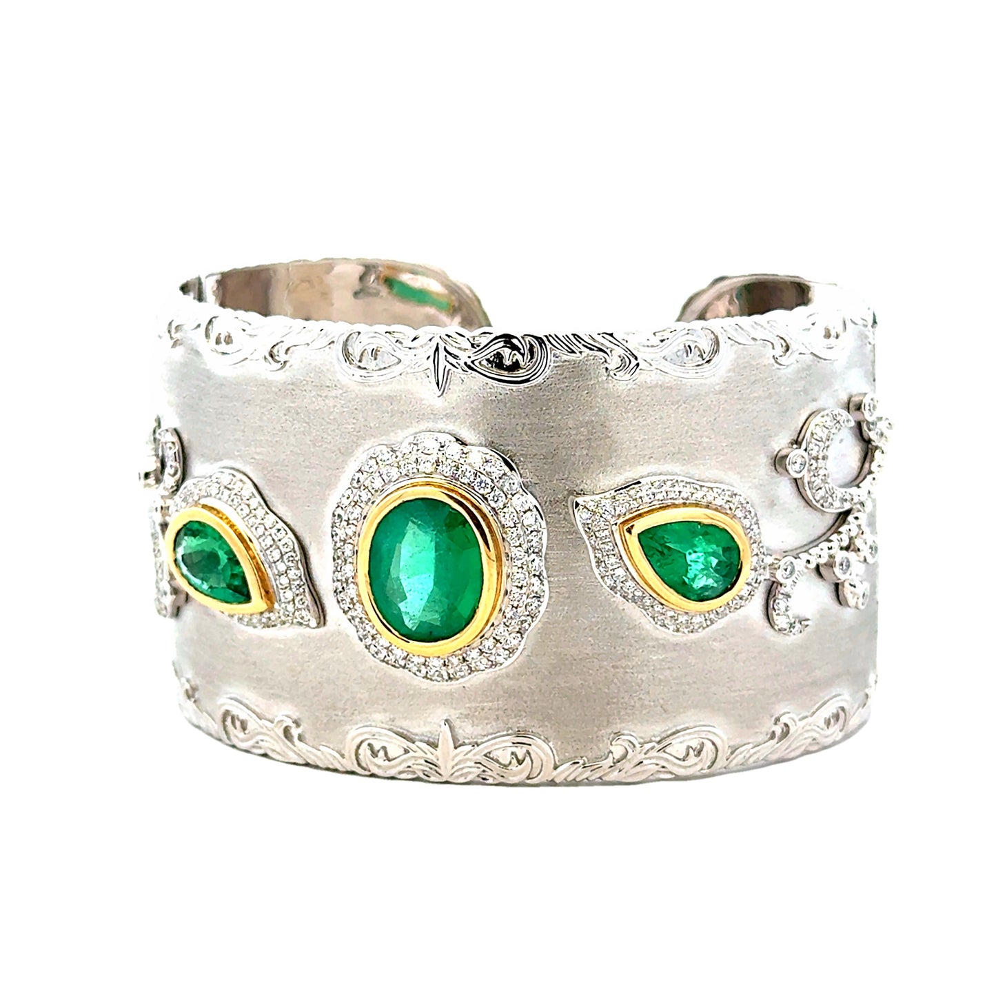 18k White Gold GIA Certified 6.72ct in Three Natural Emeralds and 1.98ctw Round Diamonds Hinged… — right three-quarter angle