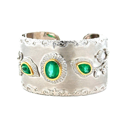 18k White Gold GIA Certified 6.72ct in Three Natural Emeralds and 1.98ctw Round Diamonds Hinged… — right three-quarter angle
