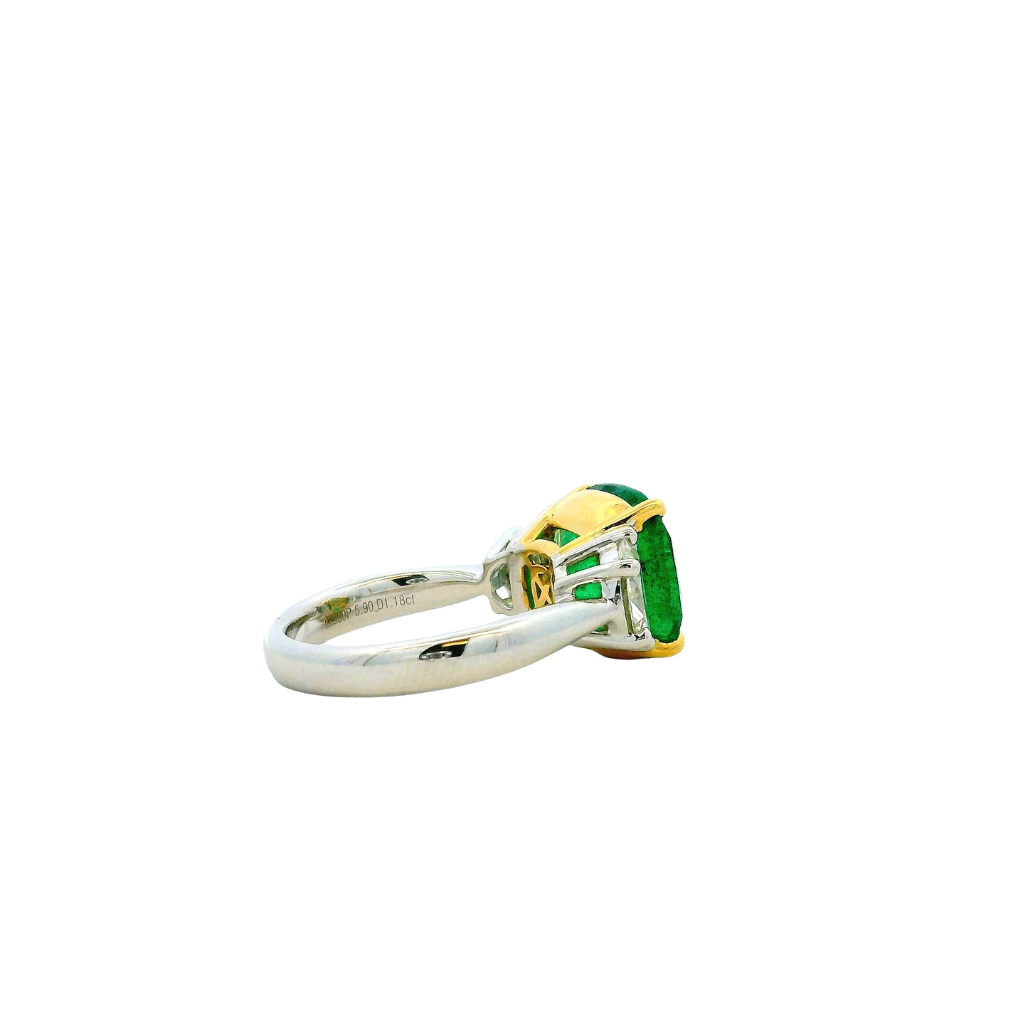 Platinum & 18k Yellow Gold 5.90ct Cushion Cut Vivid Green Emerald and Diamond Three-Stone Ring — right three-quarter angle