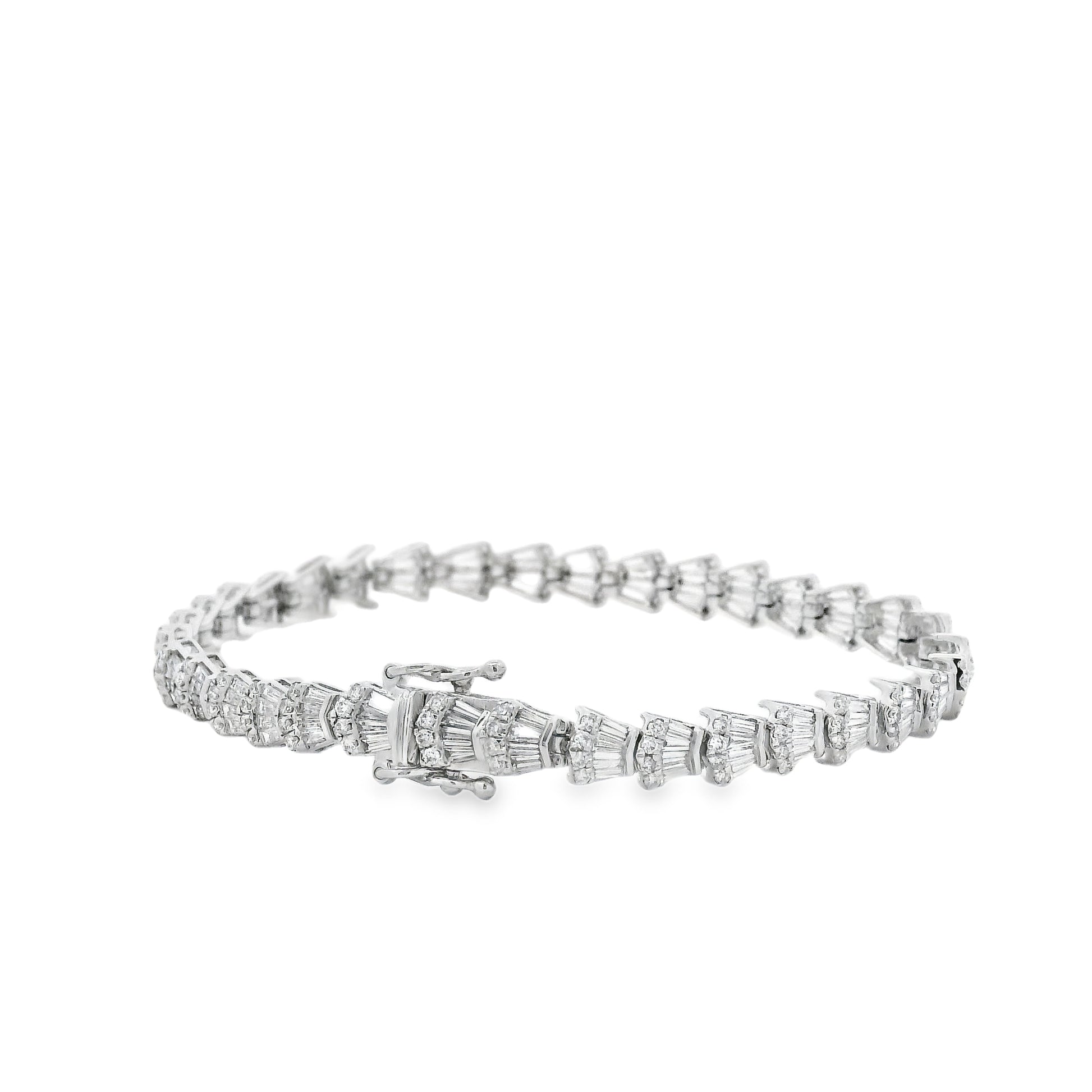 14k White Gold 5.05ctw Baguette Cut and Round Diamond Tennis Bracelet — right three-quarter angle