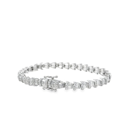 14k White Gold 5.05ctw Baguette Cut and Round Diamond Tennis Bracelet — right three-quarter angle