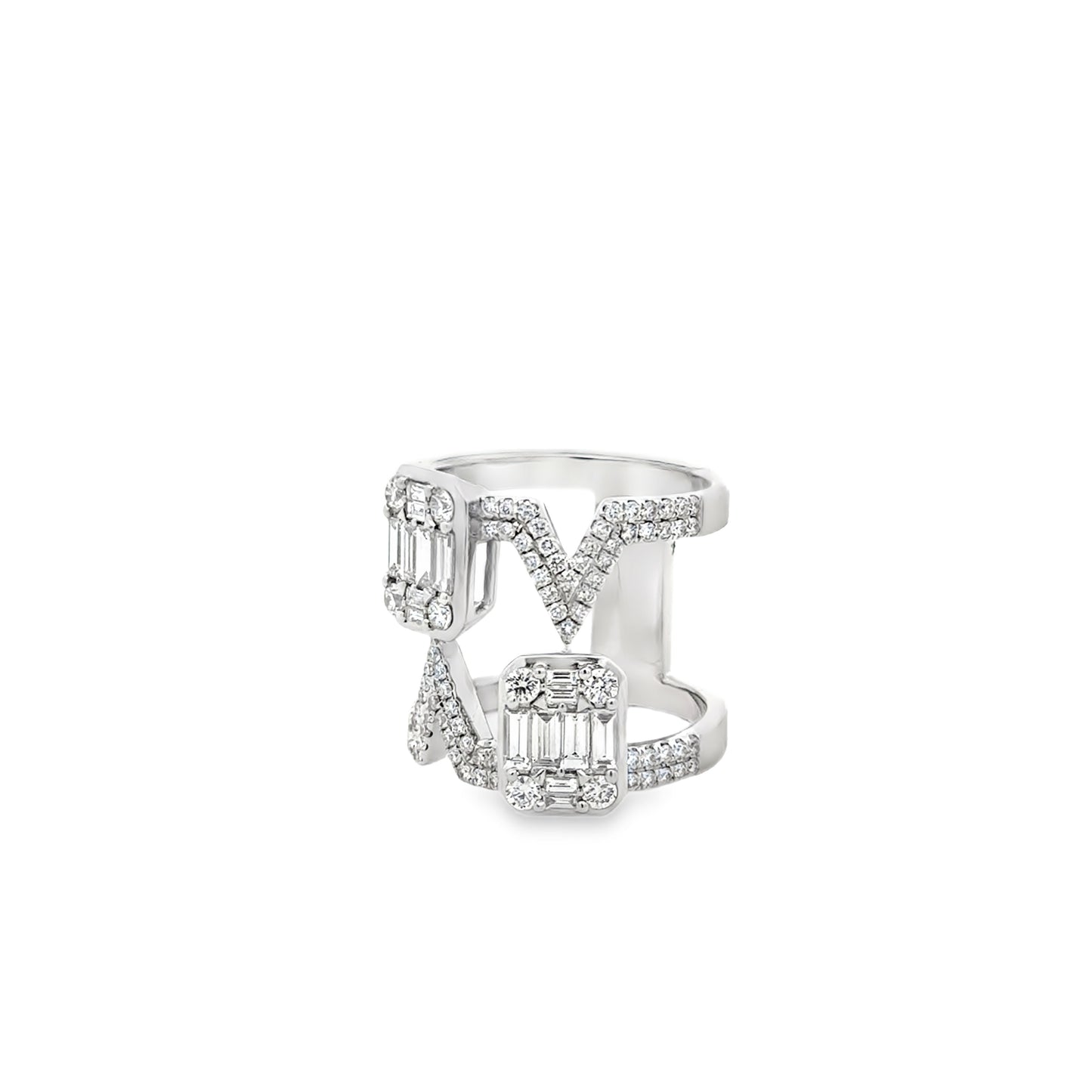 18k White Gold 1.72ctw Round Brilliant and Baguette Openwork Fashion Ring — right three-quarter angle