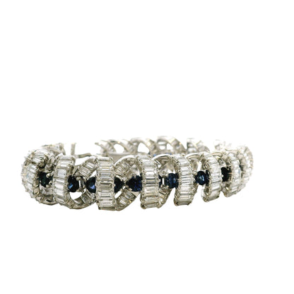 Platinum 25ctw Baguette Cut Diamond and Natural Blue Sapphire Interlocking Link Statement… — right three-quarter angle