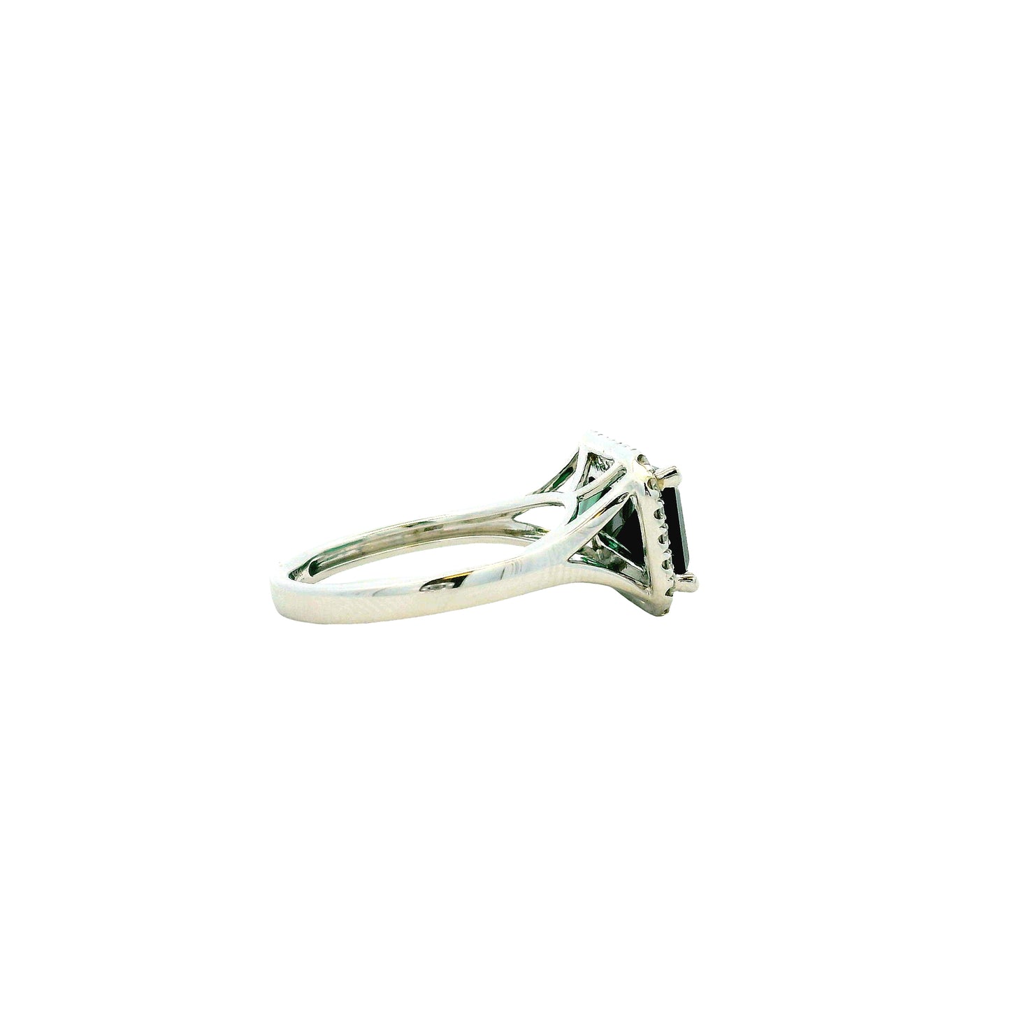 14k White Gold 3.54ct Emerald Cut Blue Tourmaline and 0.27ctw Diamond Halo Ring — right three-quarter angle