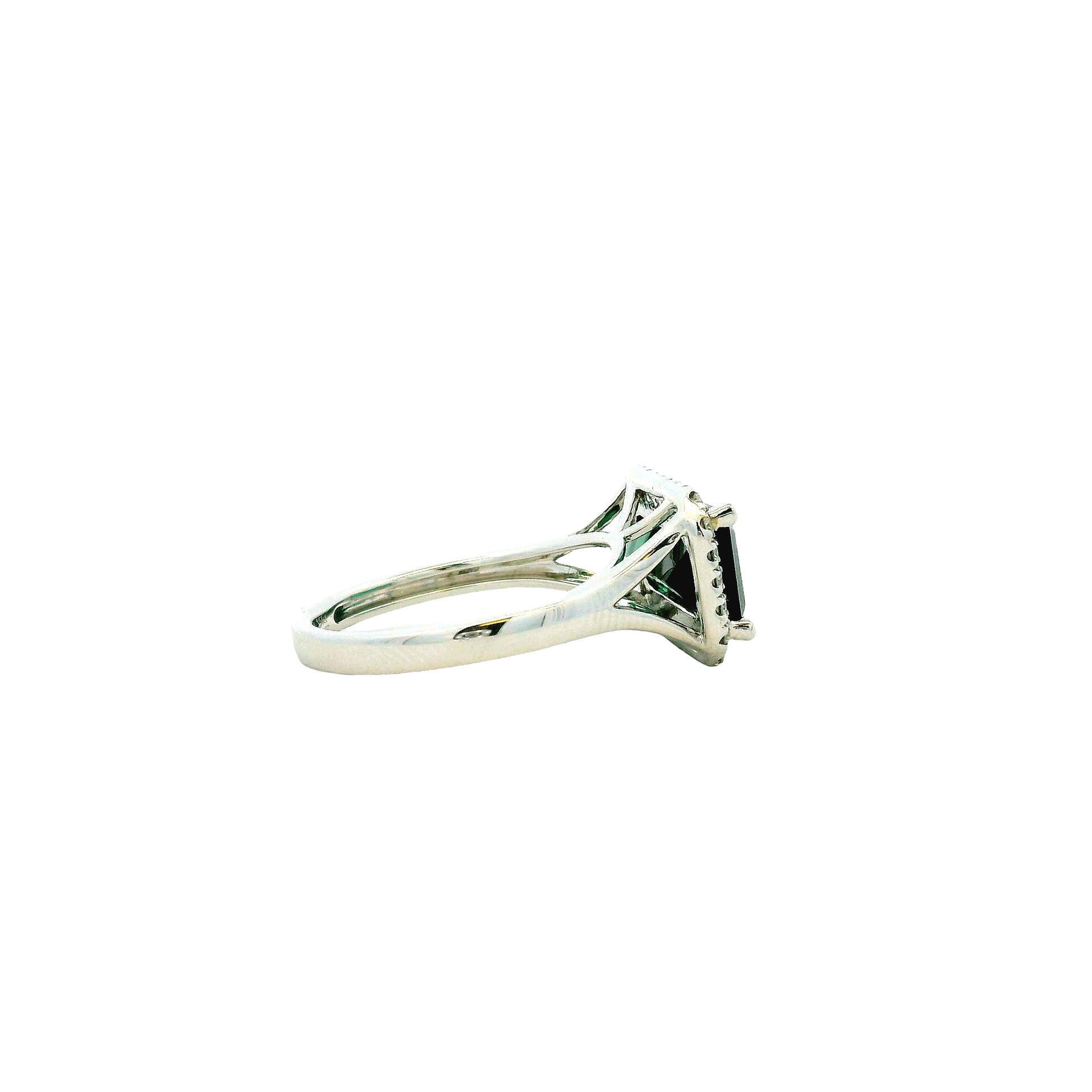 14k White Gold 3.54ct Emerald Cut Blue Tourmaline and 0.27ctw Diamond Halo Ring — right three-quarter angle