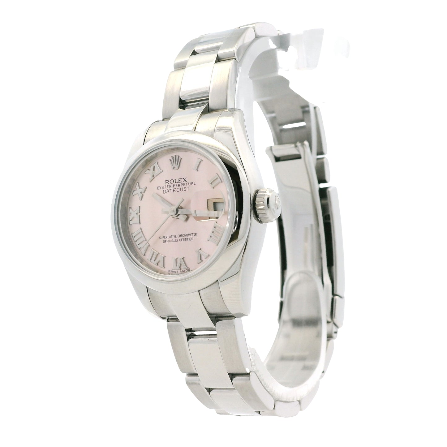 Rolex 179160 Lady-Datejust 26mm Pink Dial Stainless Steel Watch — right side three-quarter view