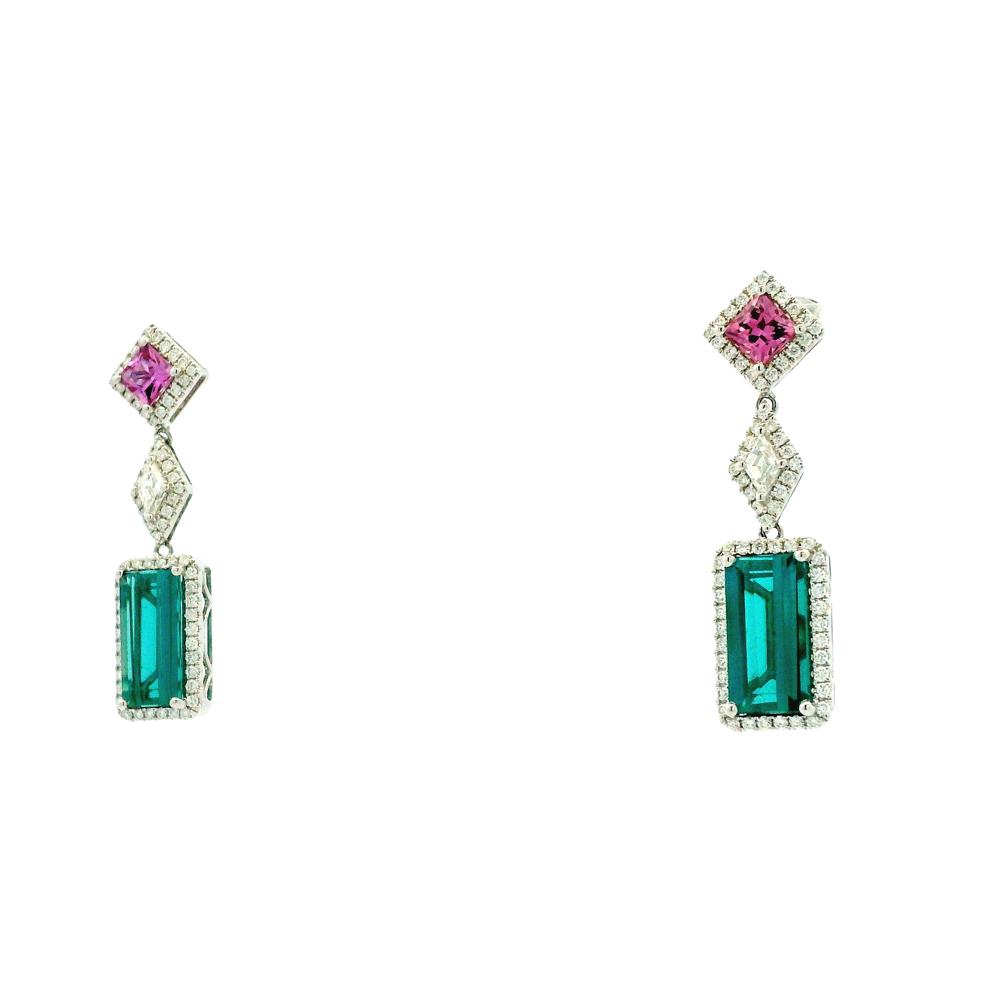 14k White Gold 6.52ctw Blue Tourmaline, Pink Sapphire, and Diamond Drop Earrings — right three-quarter angle