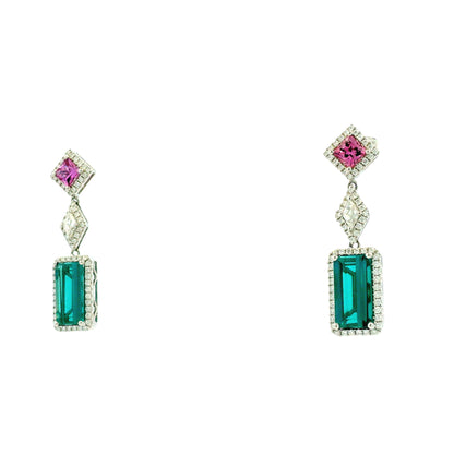 14k White Gold 6.52ctw Blue Tourmaline, Pink Sapphire, and Diamond Drop Earrings — right three-quarter angle