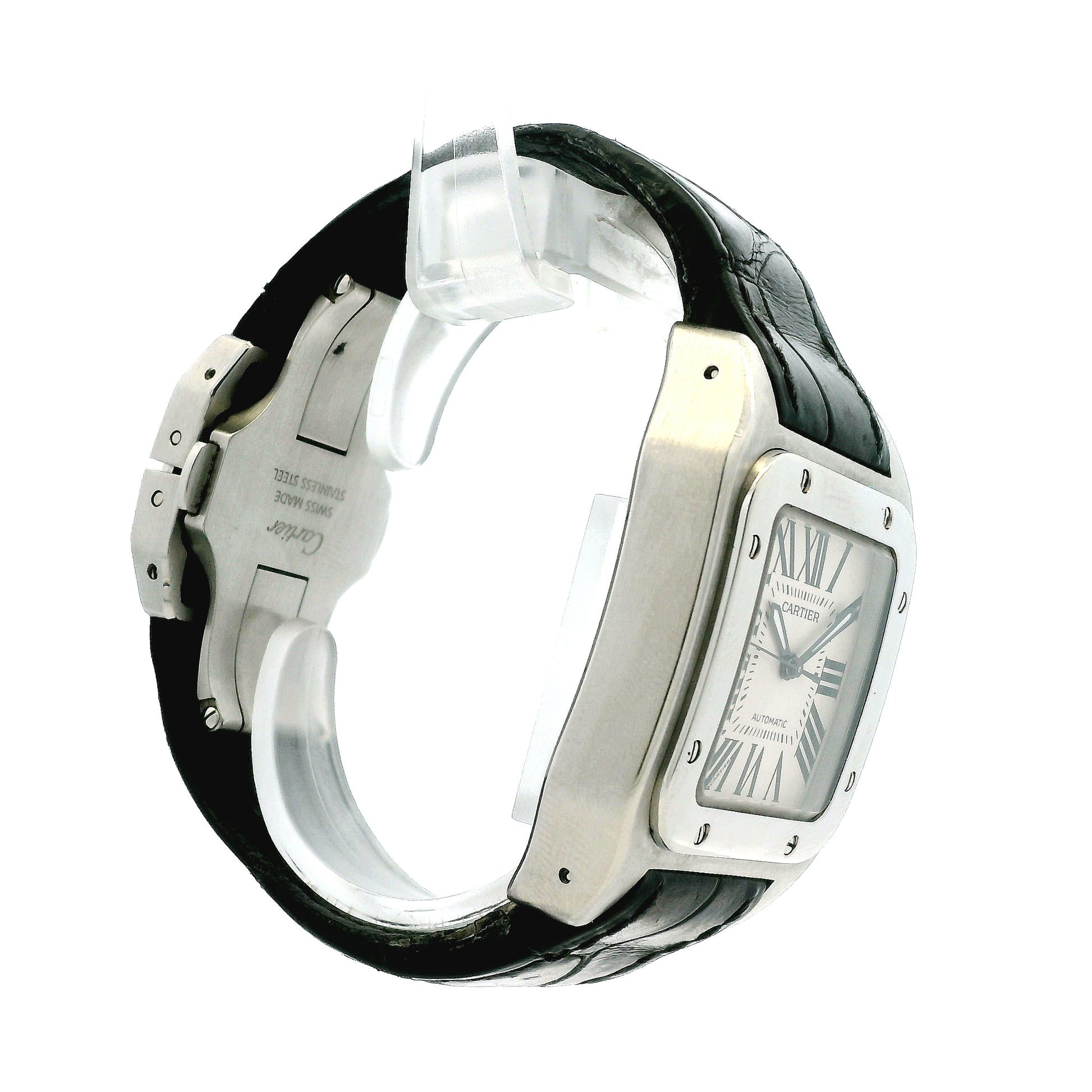 Cartier Santos 35.6mm Roman Numeral Black Strap Stainless Steel Watch — right side three-quarter view