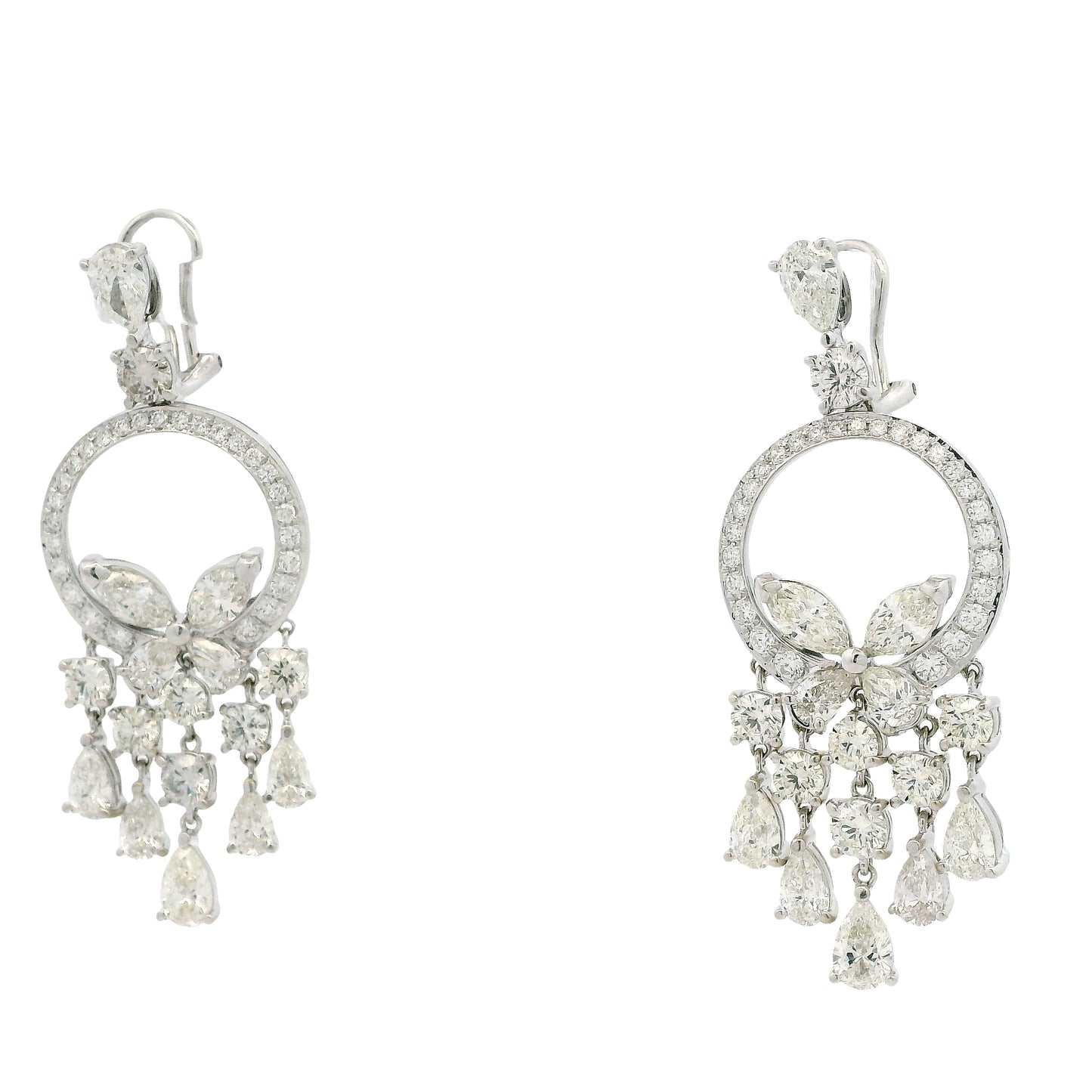 18k White Gold 13.35ctw Marquise, Pear & Round Brilliant Diamond Drop Earrings — right three-quarter angle
