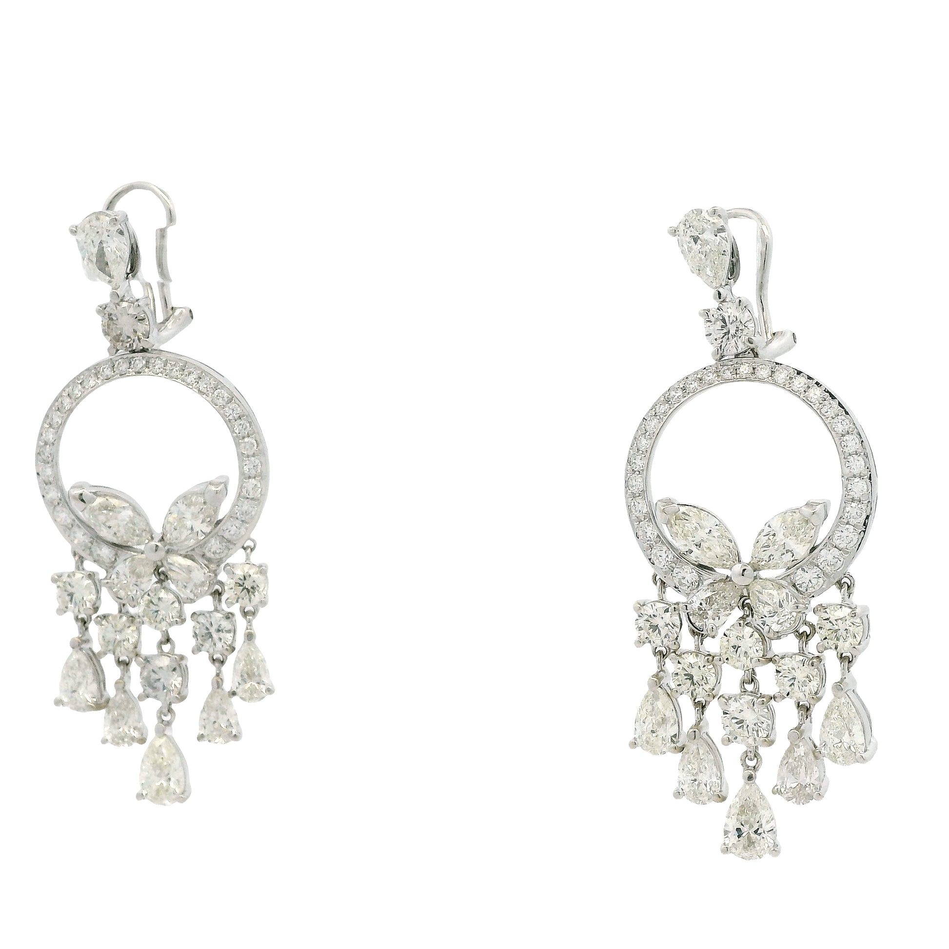 18k White Gold 13.35ctw Marquise, Pear & Round Brilliant Diamond Drop Earrings — right three-quarter angle