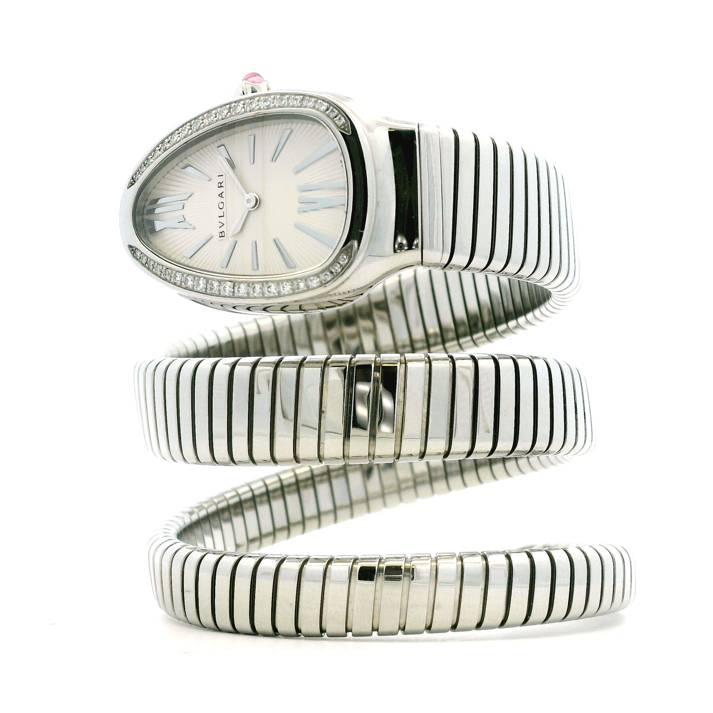 Bvlgari 101910 Serpenti Tubogas 35mm Diamond Bezel Stainless Steel Watch — right side three-quarter view