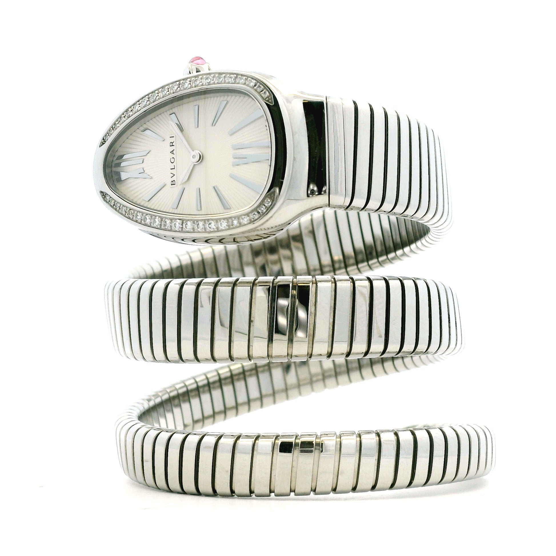 Bvlgari 101910 Serpenti Tubogas 35mm Diamond Bezel Stainless Steel Watch — right side three-quarter view