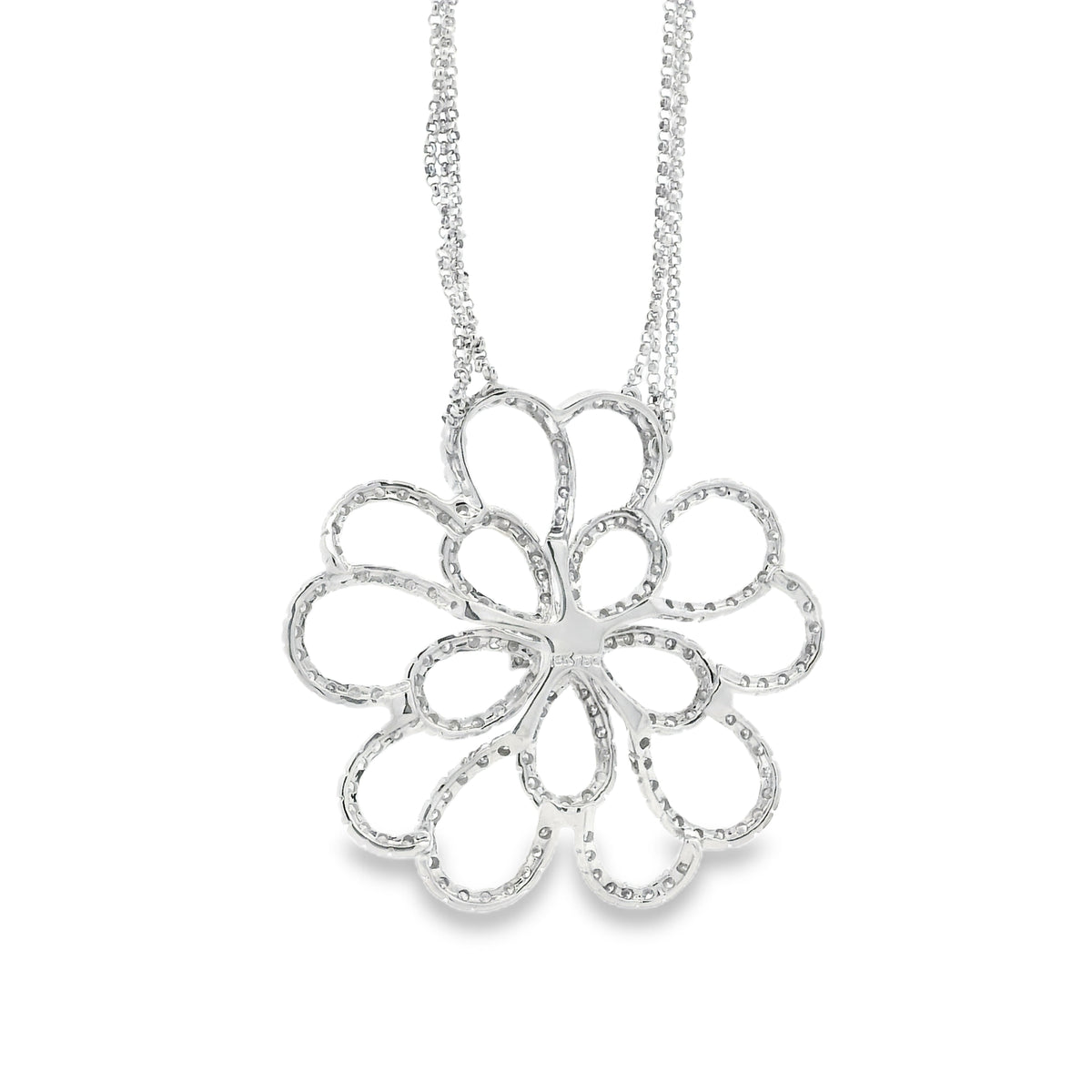 14k White Gold 2.5ctw Round Brilliant Diamond Pavé Floral Pendant Multi-Strand Necklace 18" — macro detail of the centerpiece