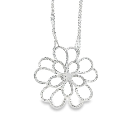 14k White Gold 2.5ctw Round Brilliant Diamond Pavé Floral Pendant Multi-Strand Necklace 18" — macro detail of the centerpiece