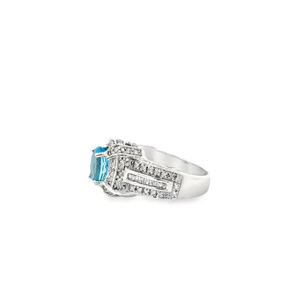 White Gold Oval Blue Gemstone Halo Cocktail Ring — macro detail