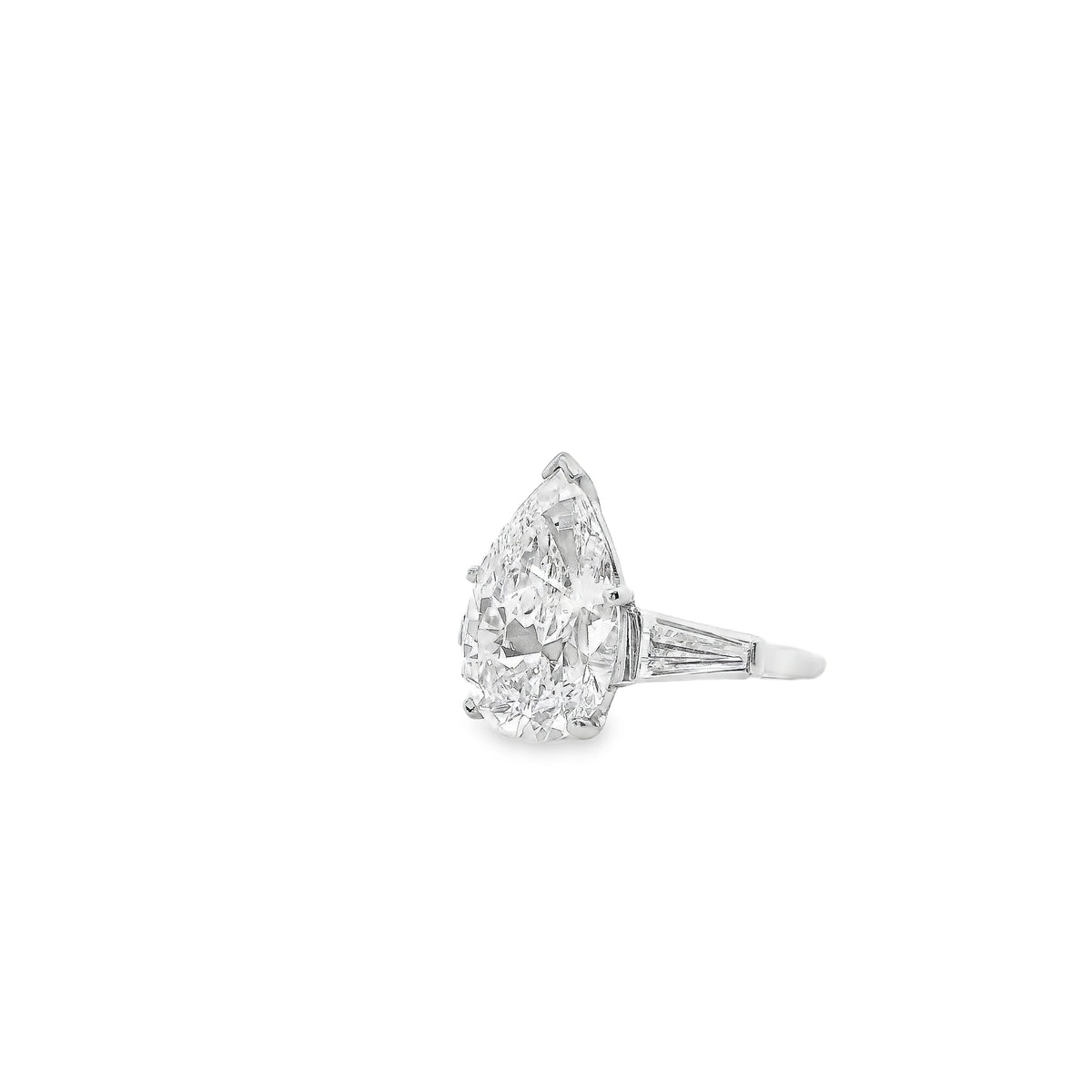 Platinum 4.69ct GIA Pear Cut Diamond Tapered Baguette Three-Stone Engagement Ring — macro detail of the stones
