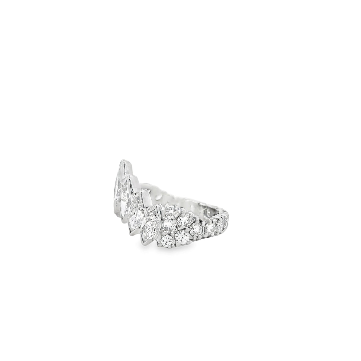 18k White Gold 3.80ctw Marquise and 2.20ctw Round Brilliant Diamond Contour Wedding Band — macro detail of the stones