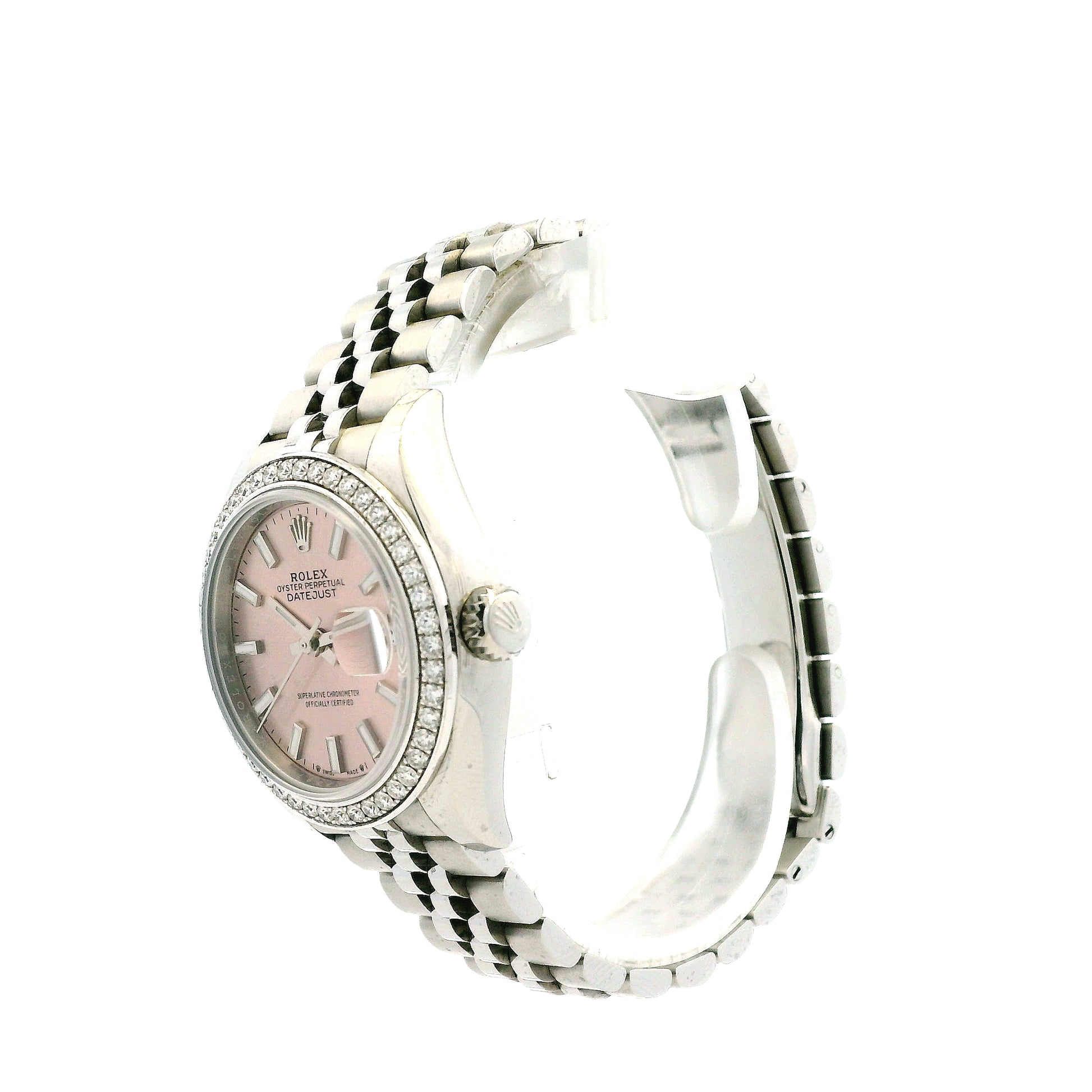 Rolex 279384RBR Datejust 28mm Pink Dial Diamond Bezel Stainless Steel Watch — macro detail of the dial
