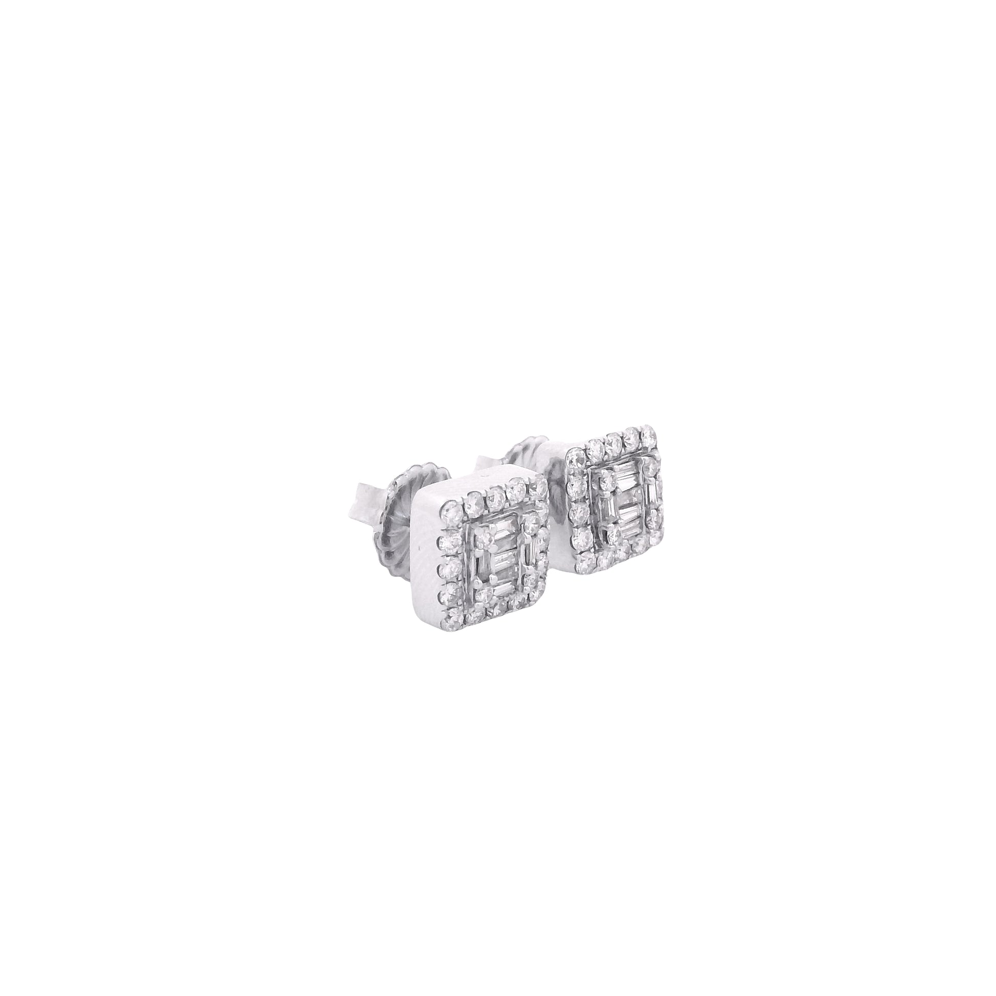 14k White Gold Baguette and Round Diamond Cluster Stud Earrings — macro detail of the dial