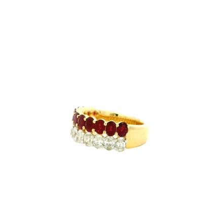 14k Yellow Gold 1.51ct Oval Diamond and 2.10ctw Ruby Two Row Cocktail Ring — macro detail of the stones