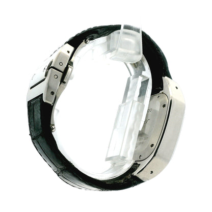 Cartier Santos 35.6mm Roman Numeral Black Strap Stainless Steel Watch — macro detail of the dial