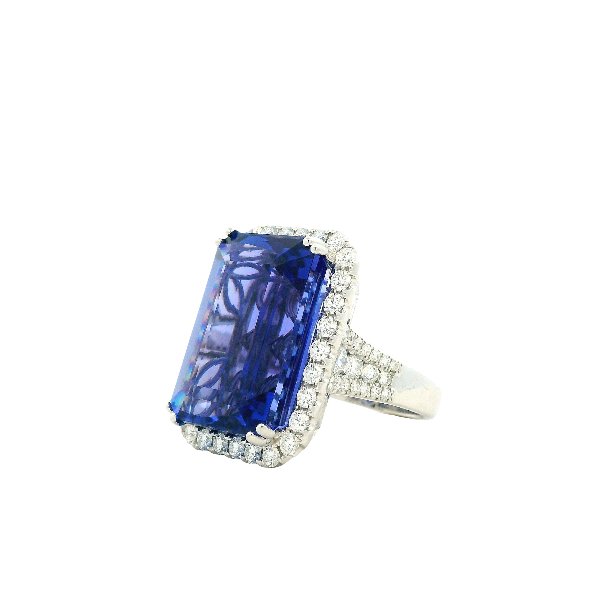 18k White Gold 34.72ct Emerald Cut Tanzanite and 2.26ctw Diamond Halo Cocktail Ring — macro detail of the stones